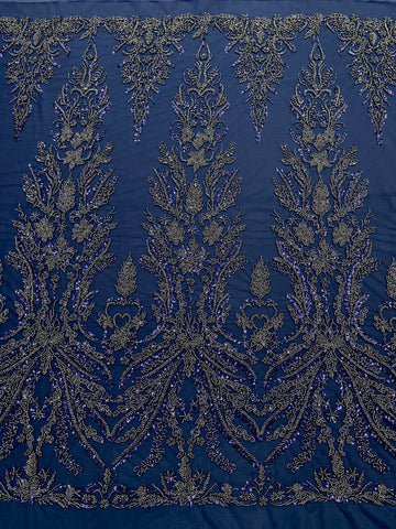 Dantela Couture Bleumarin cu Model Floral, cu Margele si Paiete