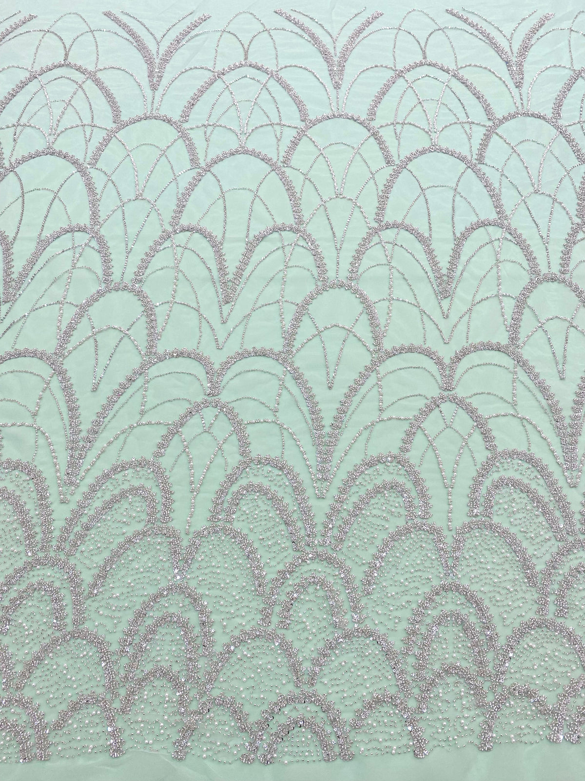 Dantela Couture Argintie pe Tulle Verde Menta cu Model Geometric, cu Perle, Margele si Paiete