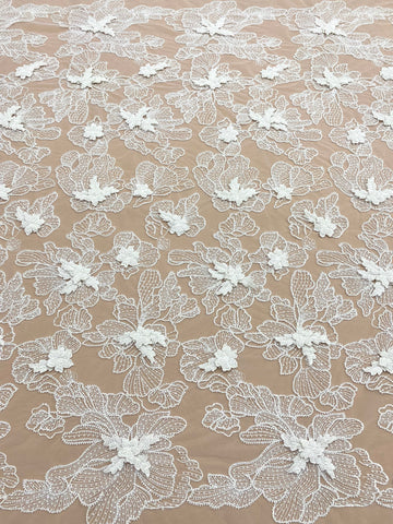 Dantela Couture 3D cu Flori Ivory, cu Margele si Paiete