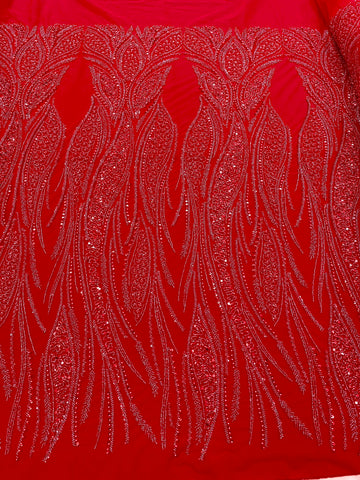 Piros Couture csipke geometriai mintával, gyöngyökkel, gyöngyöcskékkel és flitterekkel