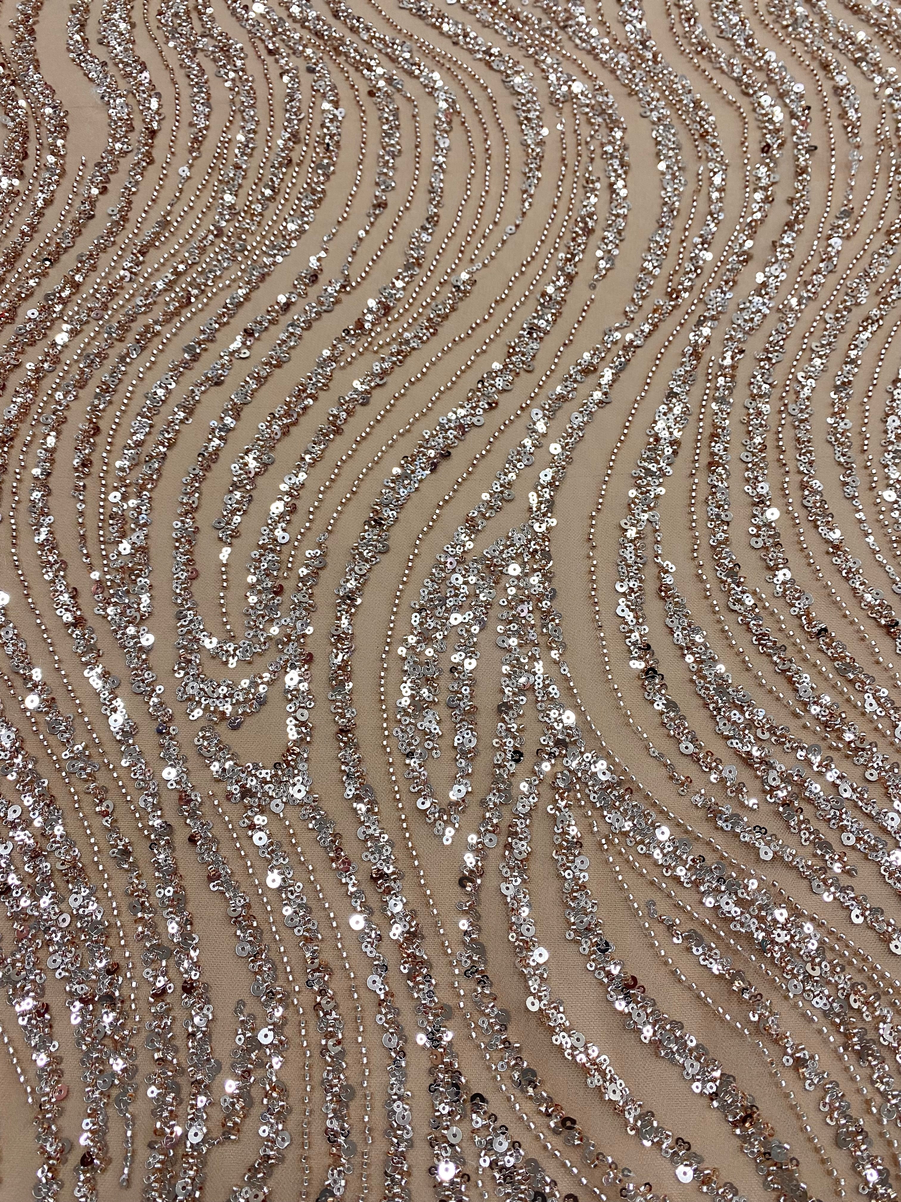 Dantela Couture Auriu Rose cu Model Liniar, cu Margele si Paiete