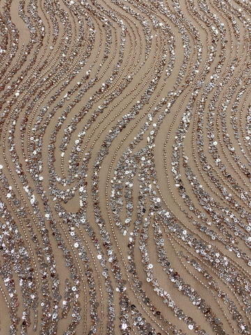Dantela Couture Auriu Rose cu Model Liniar, cu Margele si Paiete