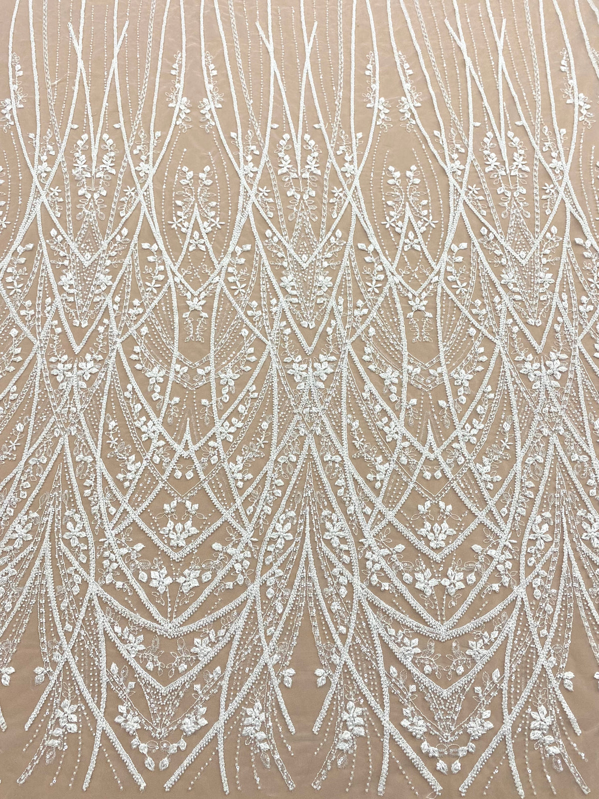 Dantela Couture Ivory cu Model Geometric, cu Perle, Margele si Paiete