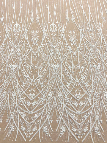 Dantela Couture Ivory cu Model Geometric, cu Perle, Margele si Paiete