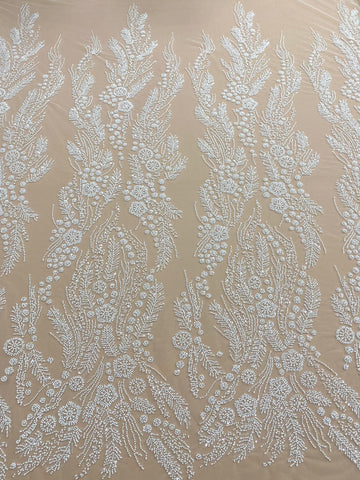 Dantela Couture Ivory cu Model Floral, Perle, Margele si Paiete