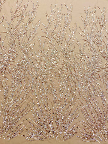 Dantela Couture Auriu Rose cu Siraguri, cu Margele si Paiete