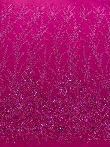 Dantela Couture Fucsia cu Model Geometric, cu Margele si Paiete