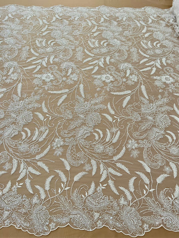 Dantela Ivory cu Model Floral, cu Perle, Margele si Paiete
