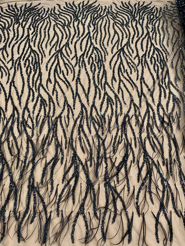 Dantela Couture Neagra cu Pene de Strut, cu Siraguri, cu Margele si Paiete