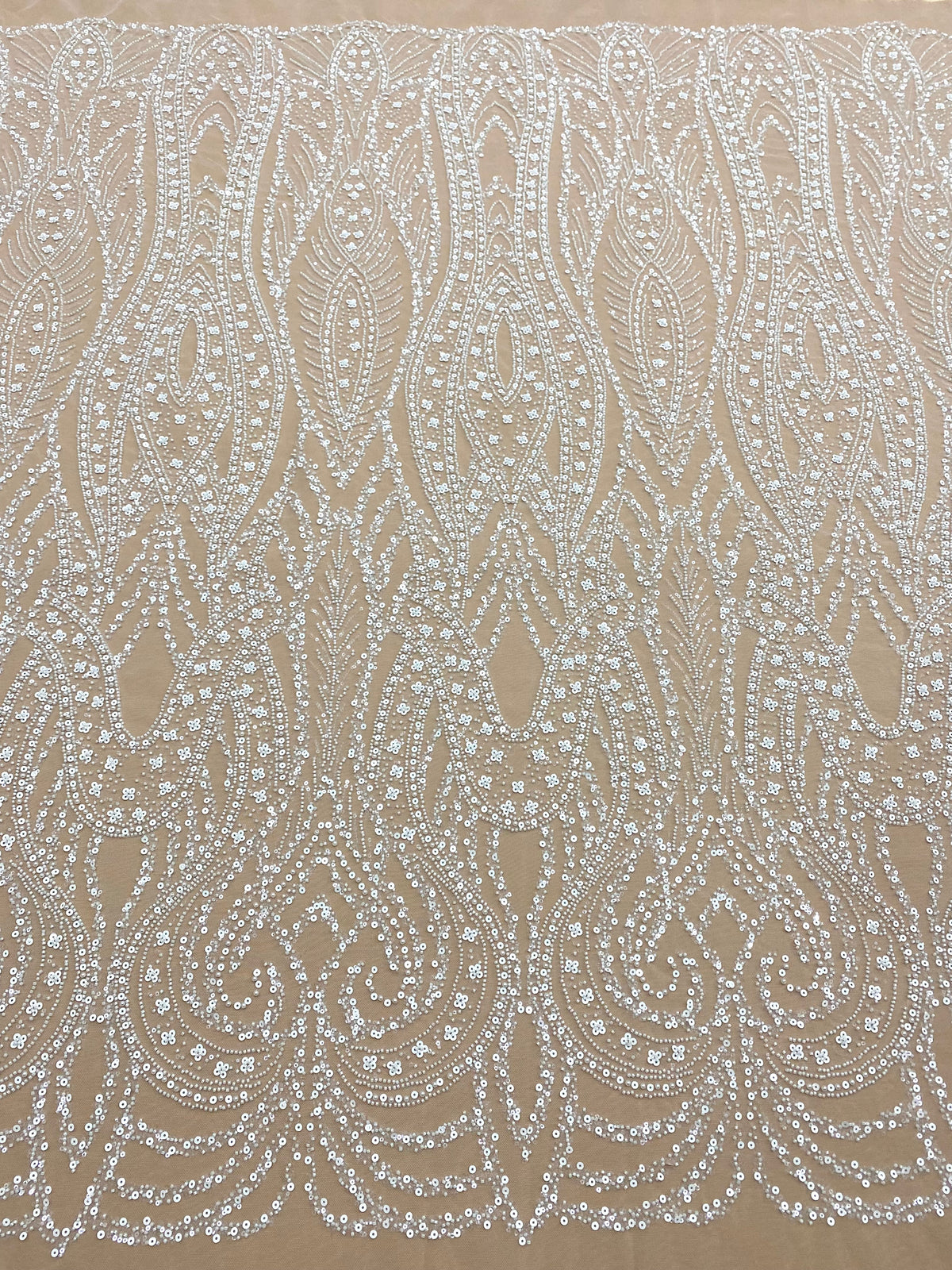 Dantela Couture Ivory cu Model Geometric, cu Perle, Margele si Paiete