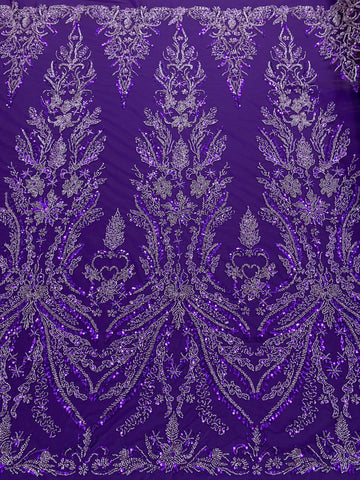 Sötétlila Couture csipke virágmintával, gyöngyökkel és flitterekkel