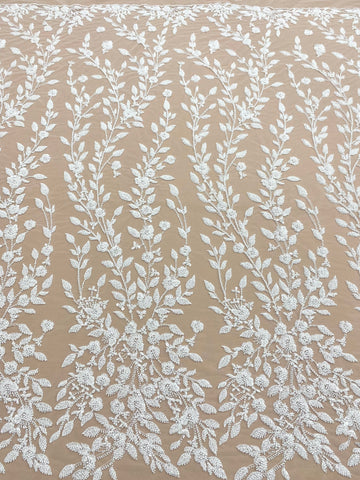 Dantela Couture Ivory cu Model Floral, Perle, Margele si Paiete