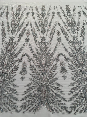 Dantela Couture Gri Antracit cu Model Simetric, cu Margele si Paiete