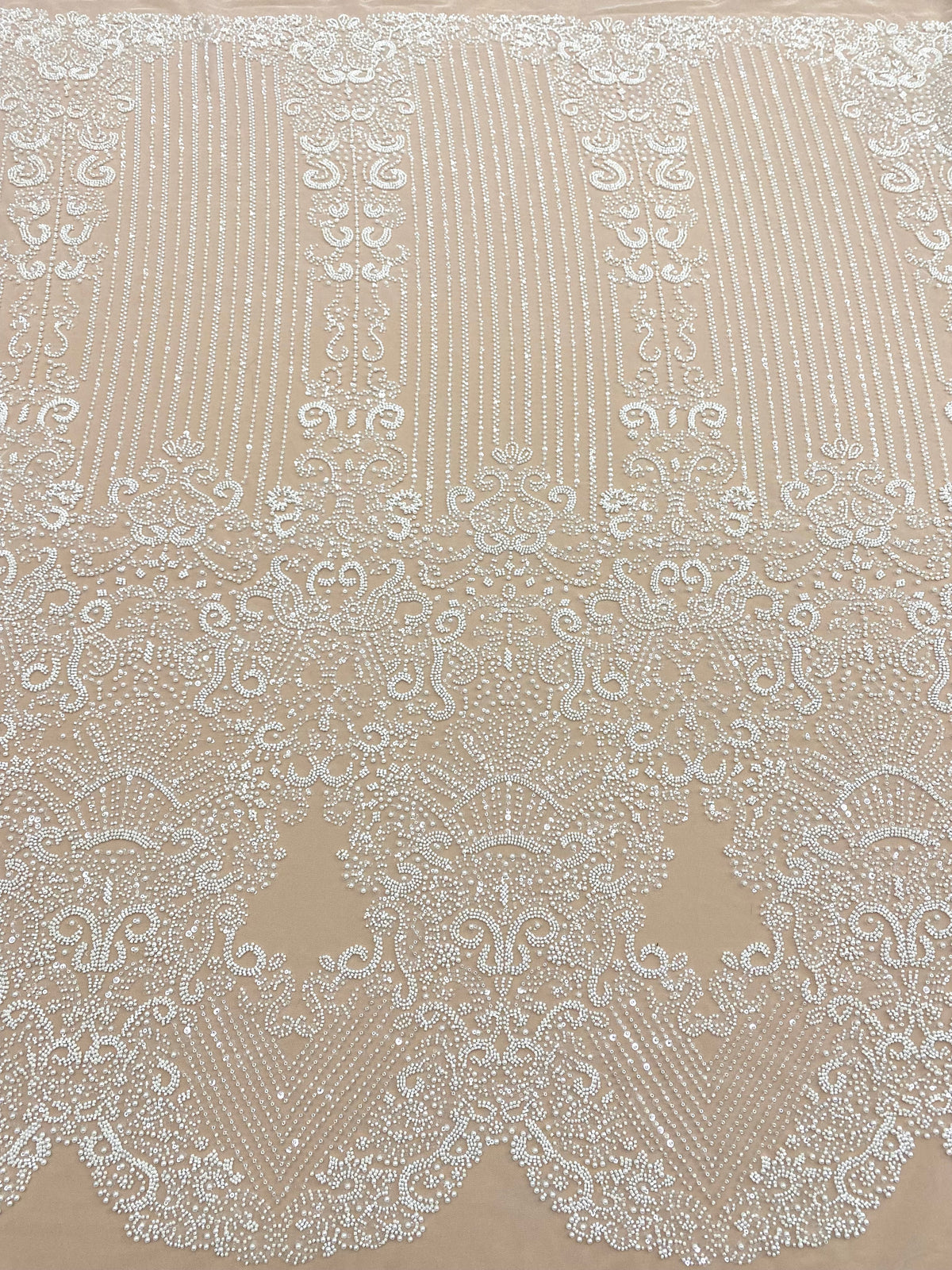 Dantela Couture Ivory cu Model Geometric, cu Perle, Margele si Paiete