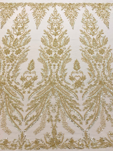 Dantela Couture Aurie cu Model Floral, cu Perle, Margele si Paiete