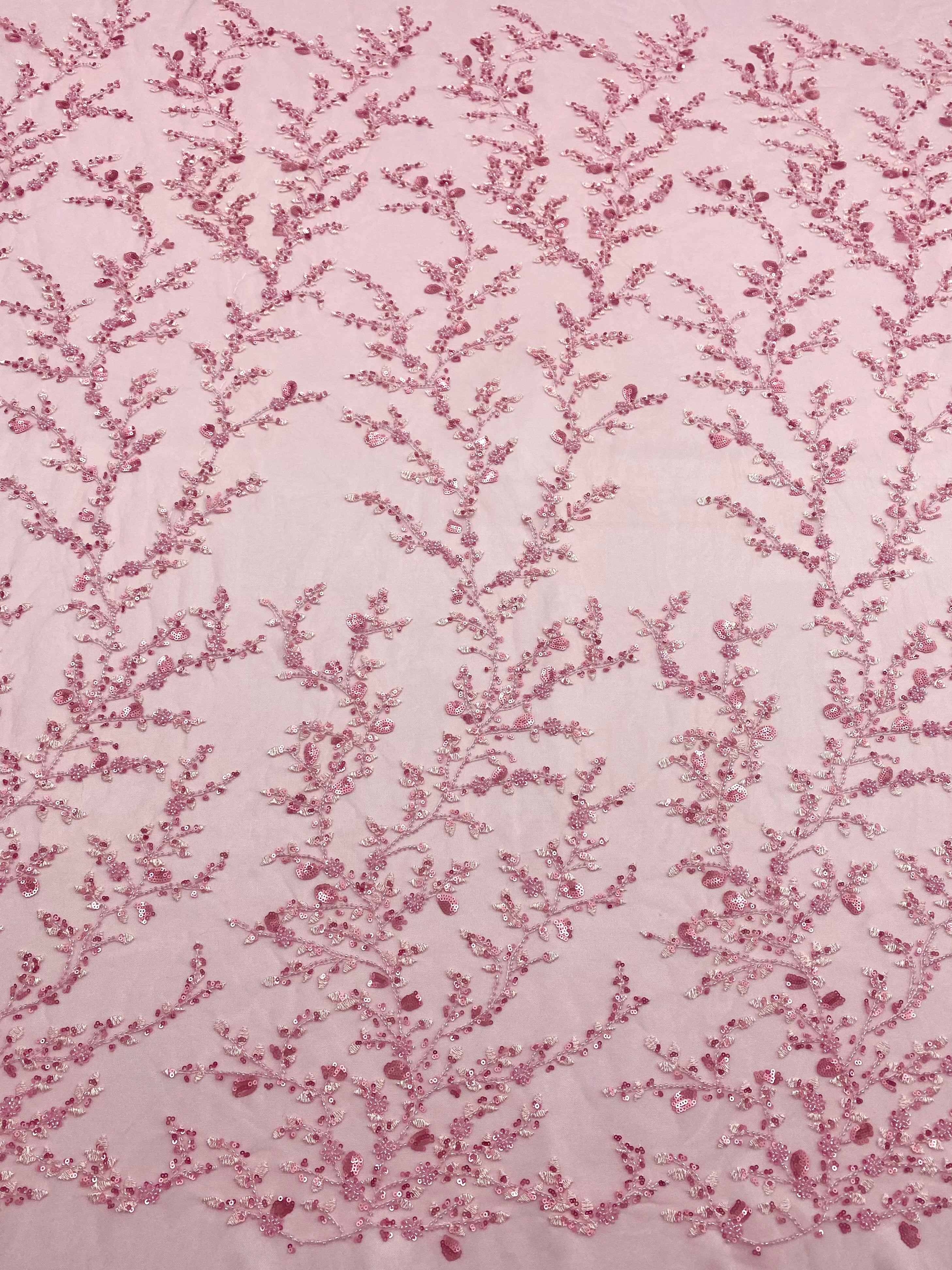 Dantela Couture Roz cu Model Floral, cu Margele si Paiete