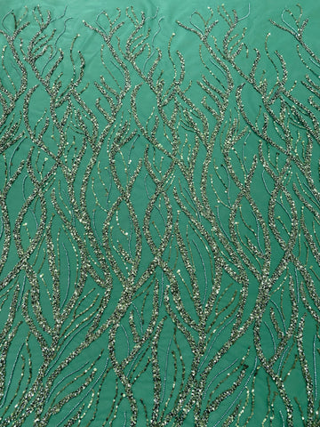 Dantela Couture Verde Smarald cu Siraguri, cu Margele si Paiete