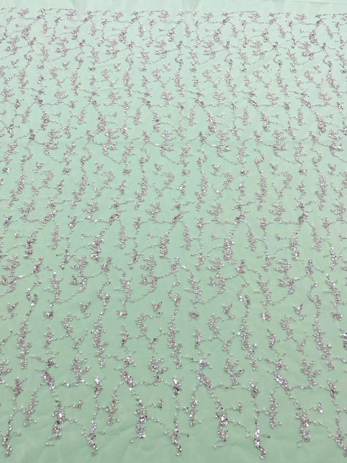 Dantela Couture Argintie pe Tulle Verde Menta cu Perle, Margele si Paiete