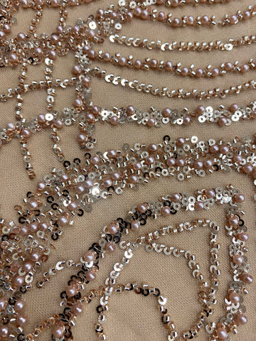 Dantela Couture Auriu Rose cu Perle, Margele si Paiete