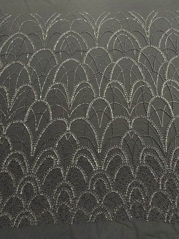 Dantela Couture Gri Antracit cu Model Geometric, cu Perle, Margele si Paiete