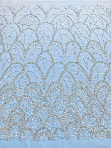 Dantela Couture Argintie cu Tulle Baby Blue cu Model Geometric, cu Perle, Margele Si Paiete