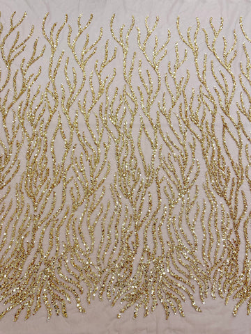 Dantela Couture Aurie cu Siraguri, cu Margele si Paiete