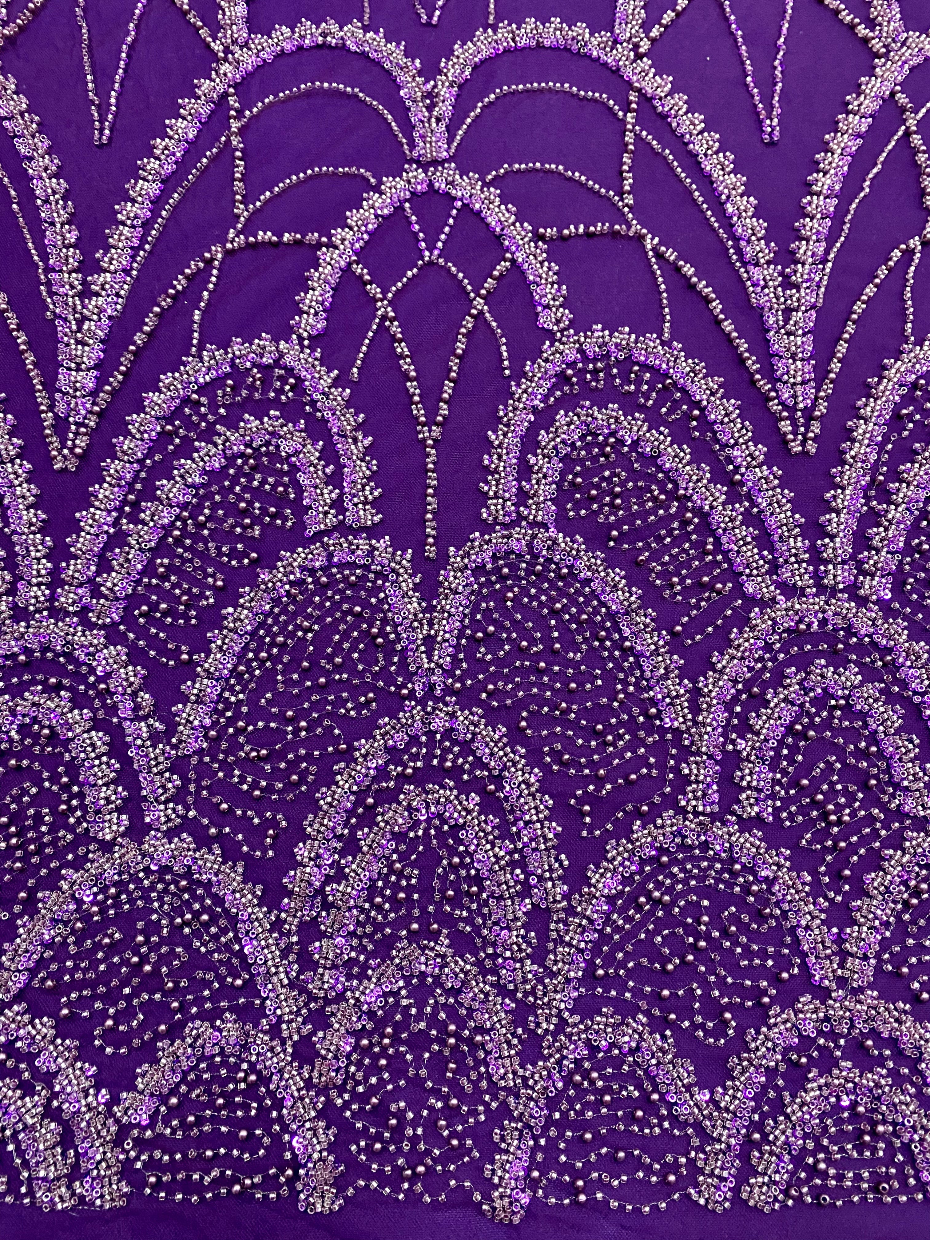 Dantela Couture Mov Inchis cu Model Geometric, cu Perle, Margele si Paiete