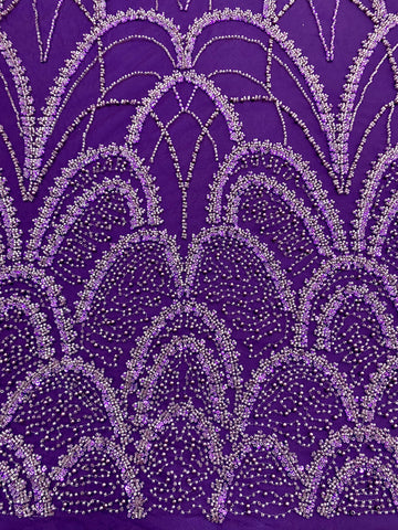 Dantela Couture Mov Inchis cu Model Geometric, cu Perle, Margele si Paiete