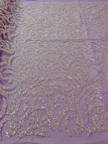 Dantela Couture Argintie cu Tulle Lavanda, cu Margele si Paiete