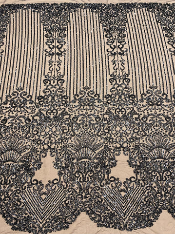 Dantela Couture Neagra cu Model Geometric, cu Perle, Margele si Paiete