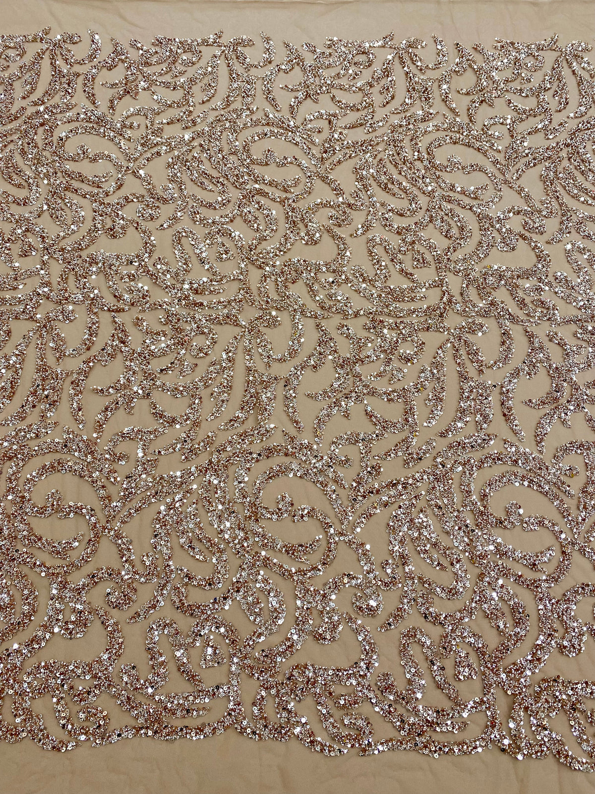 Dantela Couture Auriu Rose cu Model Geometric, cu Margele si Paiete
