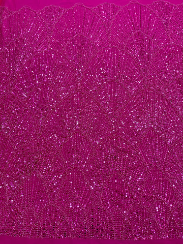 Dantela Couture Fucsia geometriai mintával, gyöngyökkel, gyöngyöcskékkel és flitterekkel
