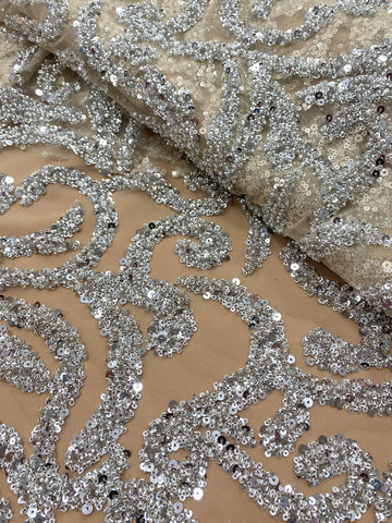 Csipke Couture ezüst tüll nude alapon gyöngyökkel és flitterekkel