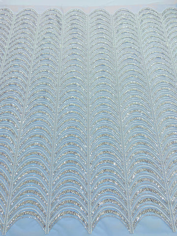 Dantela Couture Argintie pe Tulle Bleu cu Model Geometric, cu Perle, Margele si Paiete
