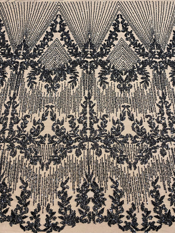 Dantela Couture Neagra cu Model Geometric, cu Perle, Margele si Paiete