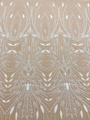 Dantela Couture Ivory cu Model Geometric, cu Perle, Margele si Paiete