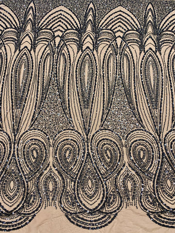 Dantela Couture Neagra cu Model Geometric, cu Perle, Margele si Paiete