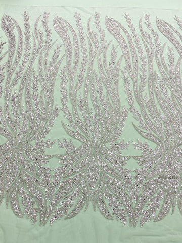 Dantela Couture Argintie pe Tulle Verde Menta cu Panou, cu Perle, Margele si Paiete