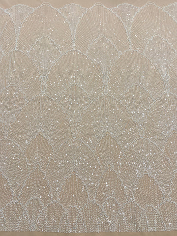 Dantela Couture Ivory cu Model Geometric, cu Perle, Margele si Paiete