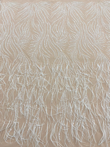 Dantela Couture Ivory cu Pene de Strut, cu Siraguri, cu Margele si Paiete