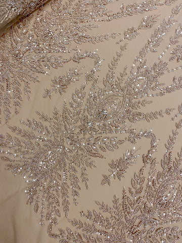 Dantela Couture Auriu Rose cu Model Simetric, cu Margele si Paiete