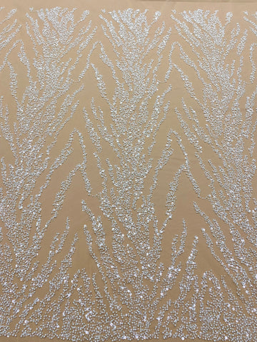 Dantela Couture Ivory cu Tulle Nude cu Perle, Margele si Paiete