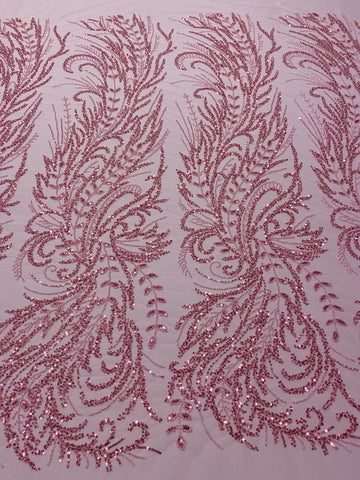Dantela Couture Roz cu Model Floral, cu Margele si Paiete
