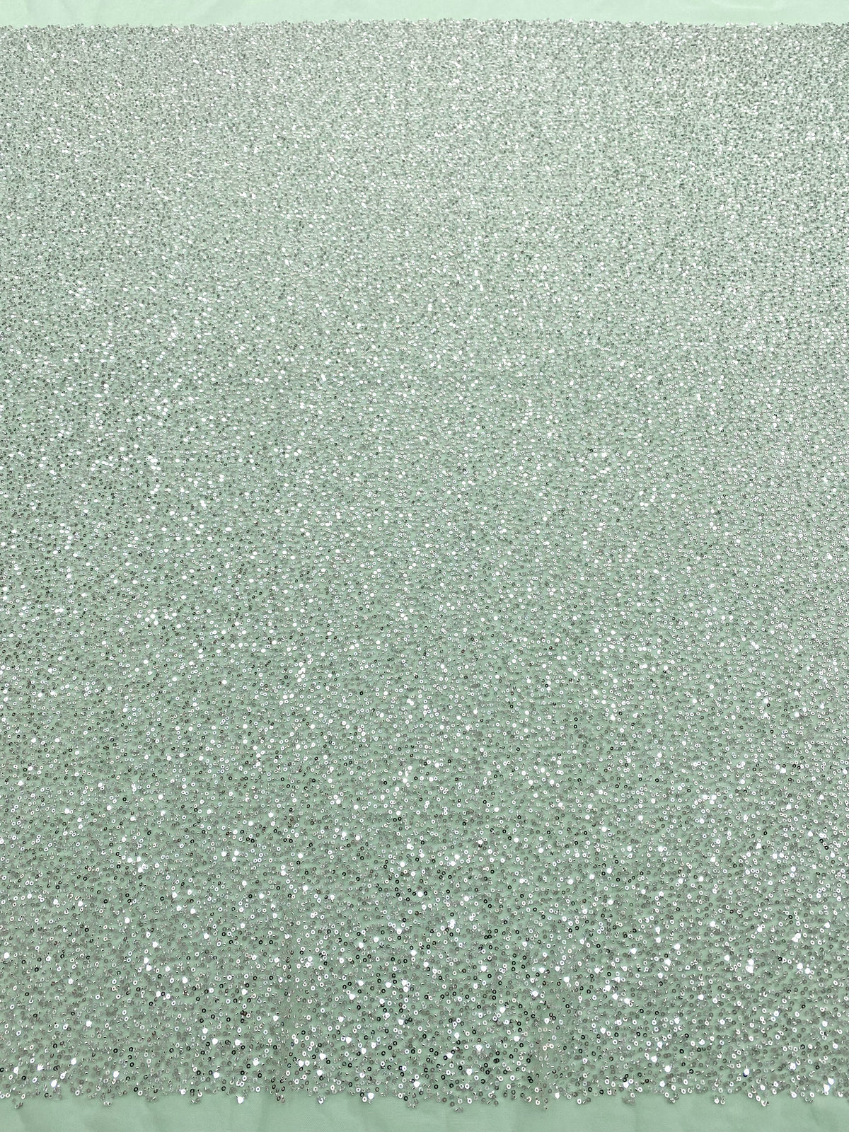 Dantela Couture Argintie pe Tulle Verde Menta cu Model General, cu Margele si Paiete