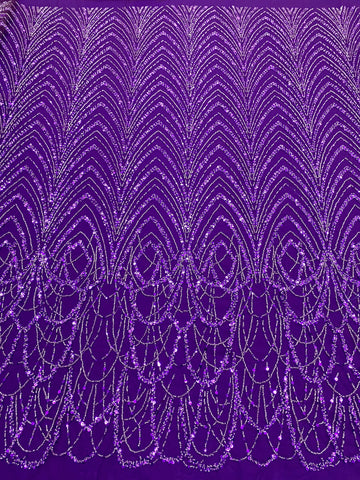 Sötétlila Couture csipke geometriai mintával, gyöngyökkel és flitterekkel