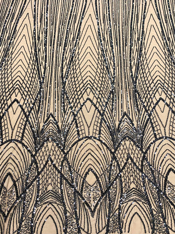 Dantela Couture Neagra cu Panou, cu Margele si Paiete