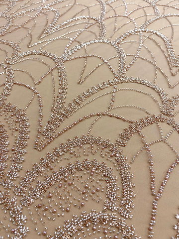 Dantela Couture Auriu Rose cu Model Geometric, cu Perle, Margele si Paiete