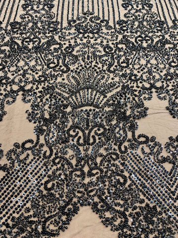 Dantela Couture Neagra cu Model Geometric, cu Perle, Margele si Paiete