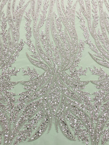 Dantela Couture Argintie pe Tulle Verde Menta cu Panou, cu Perle, Margele si Paiete