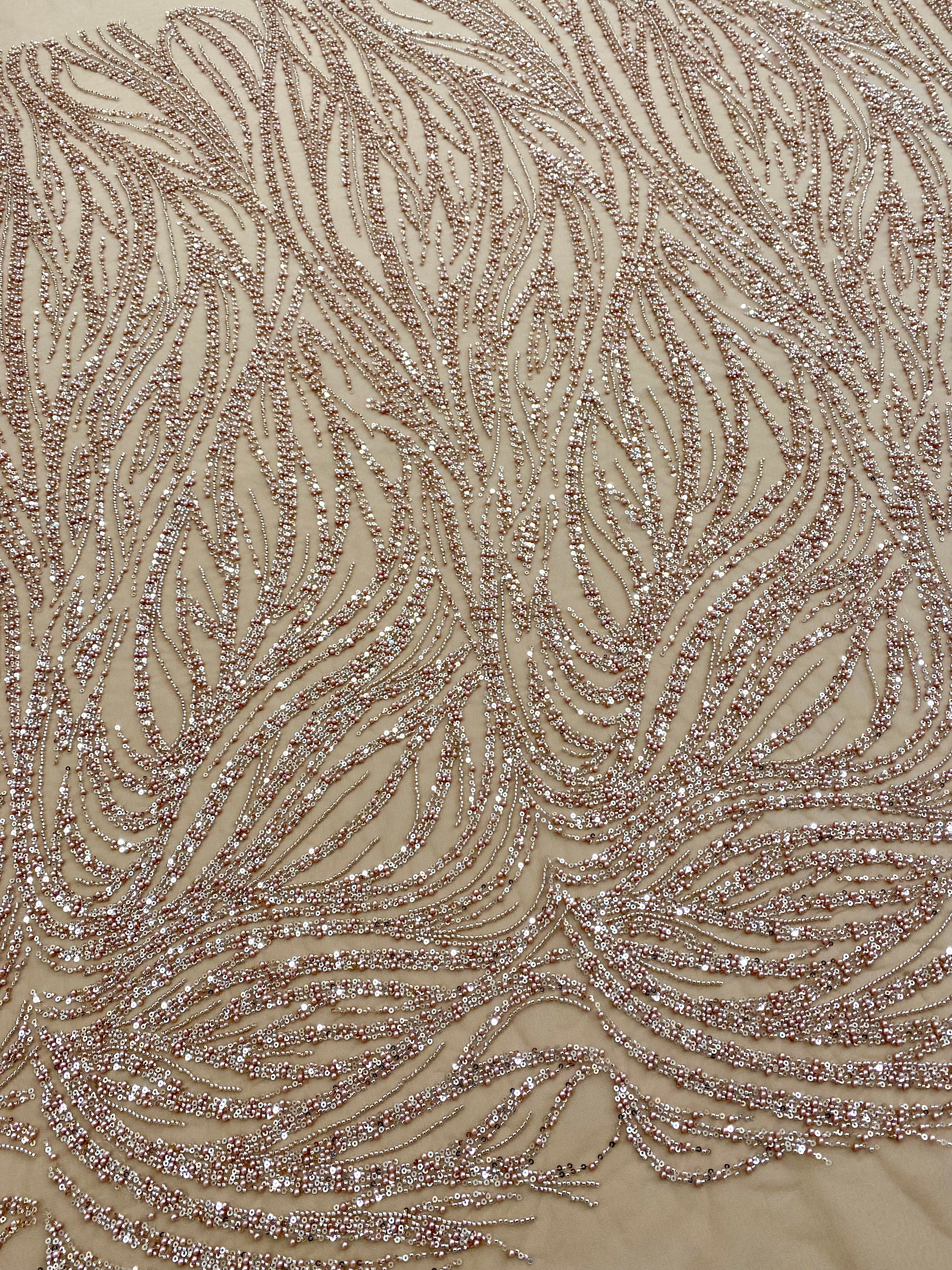 Dantela Couture Auriu Rose cu Model Liniar, cu Margele si Paiete